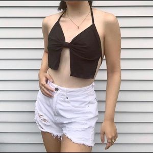 Black split twist halter top